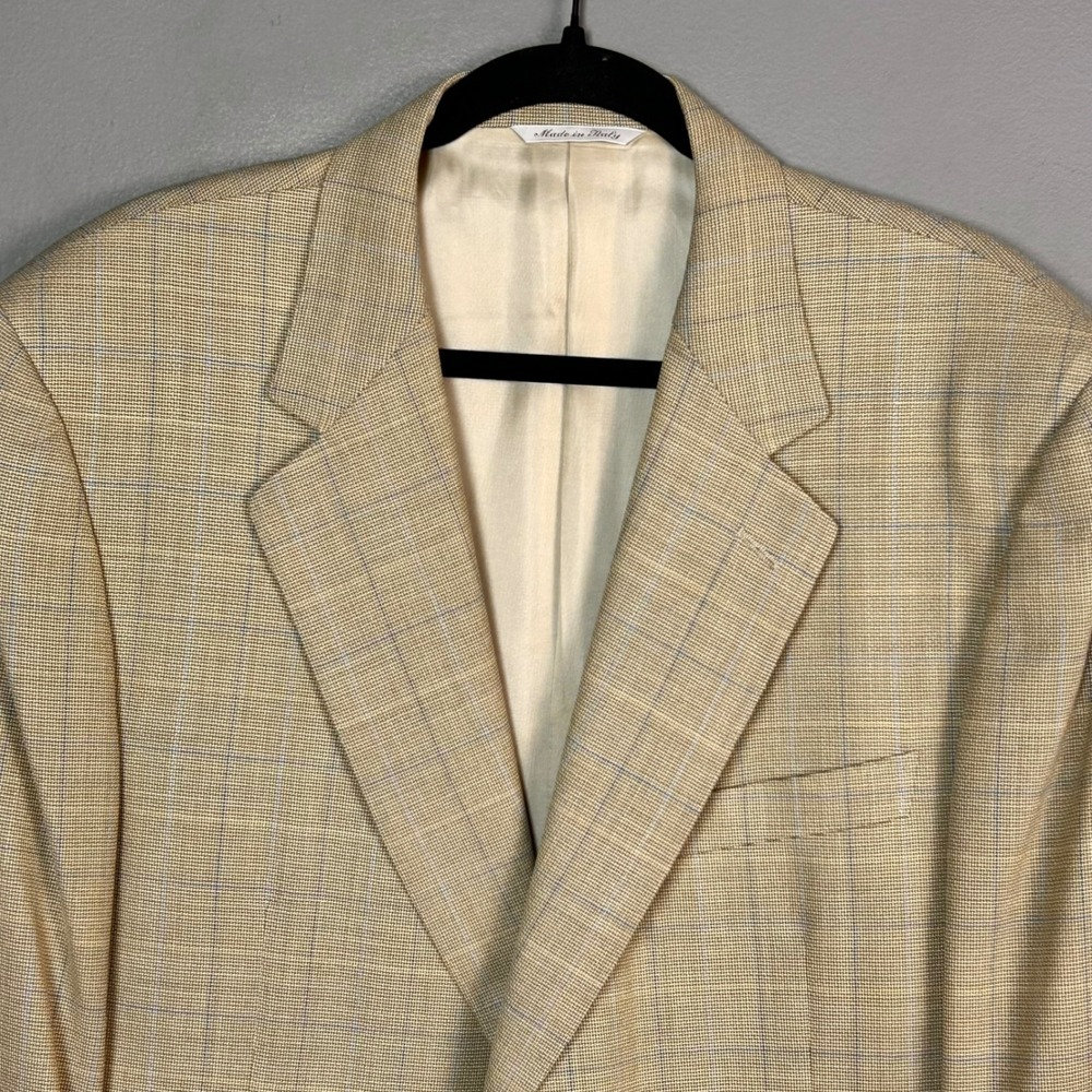 Canali Sport Coat Mens US 48R IT 58R Tan Windowpane Lightweight Wool Italy - Picture 3 of 15
